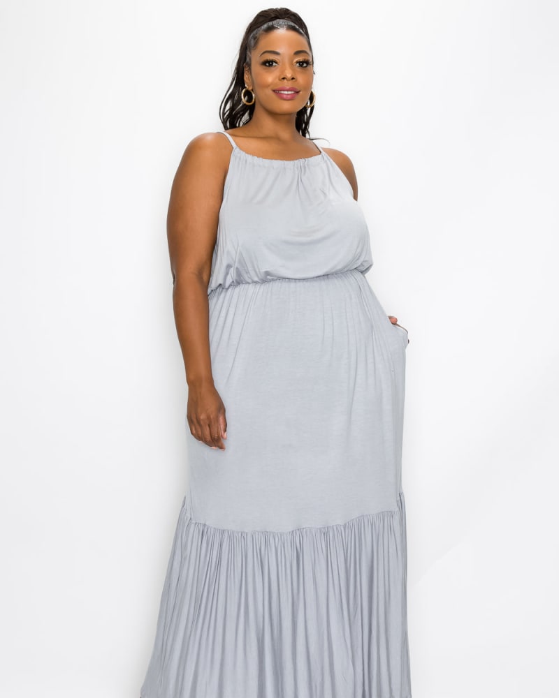 Front of a model wearing a size 2X Ariana Maxi Dress in Silver by L I V D. | dia_product_style_image_id:241416